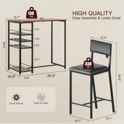 Set Of 3 Bar Table Set With 4-Tier Storage Shelves & Wine Rack Counter Height Dining Table W/ 2 Upholstered Chairs - thumbnail 2