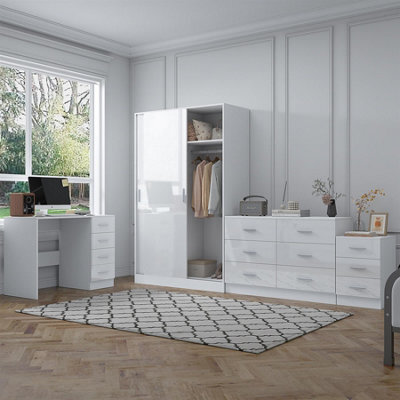 Reflect 2 Door Sliding Wardrobe, 6 Drawer Chest, 3 Drawer Bedside, Desk - White Gloss & Matt White - Modern Bedroom Furniture Set - image 1
