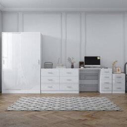 Reflect 2 Door Sliding Wardrobe, 6 Drawer Chest, 3 Drawer Bedside, Desk - White Gloss & Matt White - Modern Bedroom Furniture Set - thumbnail 4