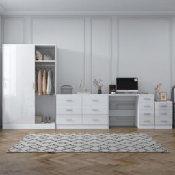 Reflect 2 Door Sliding Wardrobe, 6 Drawer Chest, 3 Drawer Bedside, Desk - White Gloss & Matt White - Modern Bedroom Furniture Set - thumbnail 3