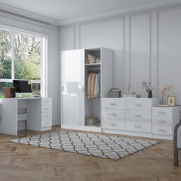 Reflect 2 Door Sliding Wardrobe, 6 Drawer Chest, 3 Drawer Bedside, Desk - White Gloss & Matt White - Modern Bedroom Furniture Set - thumbnail 1