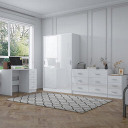 Reflect 2 Door Sliding Wardrobe, 6 Drawer Chest, 3 Drawer Bedside, Desk - White Gloss & Matt White - Modern Bedroom Furniture Set - thumbnail 2