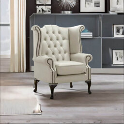 Chesterfield High Back Wing Chair Shelly Cottonseed Leather Bespoke In Queen Anne Style - thumbnail 3