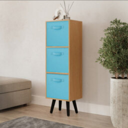 Urbn-Living Urbnliving 80Cm Height 3 Tier Beech Wooden Storage Bookcase Scandinavian Style Black Legs With Sky Blue Inserts