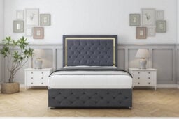 "Sloomy Sofia Gold Steel Plush Divan Bed No Drawers-26"" Strutted Headboard 12"" Footboard 6' Super King" - thumbnail 2