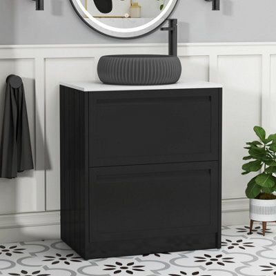 Royal Bathrooms Royal Bathroom Elmore 700mm Nocturne Black Freestanding Bathroom Vanity Unit 2 Drawer Plain White Worktop With Milan Black Basin - image 1