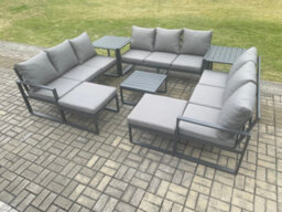 Fimous Aluminium Outdoor Garden Furniture Set Patio Lounge Sofa With Coffee Table 2 Side Tables 2 Big Footstools - thumbnail 2