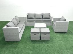Fimous Wicker Pe Rattan Sofa Garden Furniture Set Armchair Square Coffee Table 2 Small Stools Light Grey - thumbnail 1