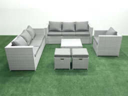 Fimous Wicker Pe Rattan Sofa Garden Furniture Set Armchair Square Coffee Table 2 Small Stools Light Grey - thumbnail 2