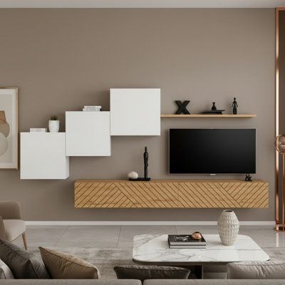 Switch Lamel X Modern Living Room Wall Unit With Cabinets And Shelving White Top Wotan Bottom - image 1