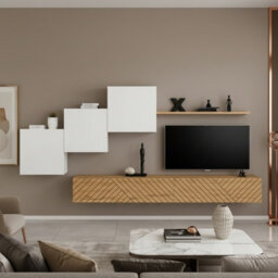 Switch Lamel X Modern Living Room Wall Unit With Cabinets And Shelving White Top Wotan Bottom - thumbnail 1