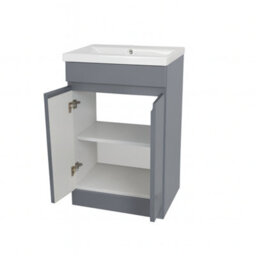 D Pro T Bathrooms 600mm Vanity Unit High Gloss Dark Grey Handleless Floor Standing Bathroom Cabinet With Soft Close Storage & Ceramic Basin - thumbnail 4