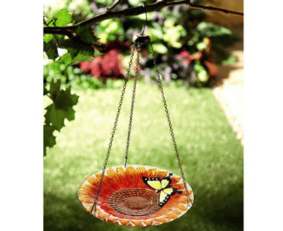 Flower & Butterfly Design Glass Bird Feeder - Outdoor Garden Colourful Hand-Painted Seed Feeding Station - Measures 28Cm Diameter - image 1