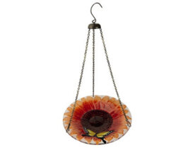 Flower & Butterfly Design Glass Bird Feeder - Outdoor Garden Colourful Hand-Painted Seed Feeding Station - Measures 28Cm Diameter - thumbnail 2