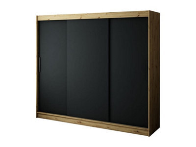 Arte Leto T Contemporary 3 Sliding Door Wardrobe 9 Shelves 2 Rails Black Matt And Oak Effect (H)2000mm (W)2500mm (D)620mm - image 1