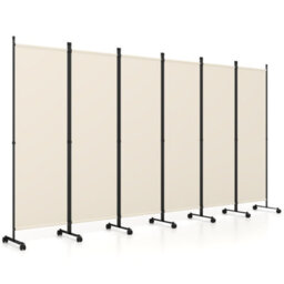 Costway Room Divider 6-Panel Folding Privacy Screen With Lockable Rolling Wheels Beige - thumbnail 1