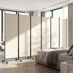 Costway Room Divider 6-Panel Folding Privacy Screen With Lockable Rolling Wheels Beige - thumbnail 3
