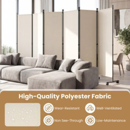 Costway Room Divider 6-Panel Folding Privacy Screen With Lockable Rolling Wheels Beige - thumbnail 9