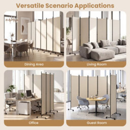 Costway Room Divider 6-Panel Folding Privacy Screen With Lockable Rolling Wheels Beige - thumbnail 8