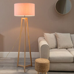 Valuelights Lottie Natural Wood Tripod Floor Lamp With Blush Pink Drum Shade - Led Bulb Included