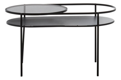 Orsina Modern Two Tier Black Table, Glass Cocktail Table, Metal And Glass Sofa Table, Versatile Oval-Shaped Table - image 1