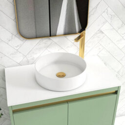 Royal Bathrooms Orion 800mm Mint Sage Wall Hung Plain White Countertop Vanity Unit 2 Drawer With Art Basin & Brushed Brass Accent Trim - thumbnail 5