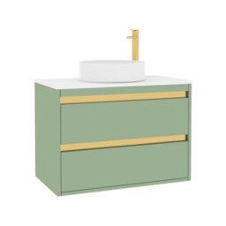 Royal Bathrooms Orion 800mm Mint Sage Wall Hung Plain White Countertop Vanity Unit 2 Drawer With Art Basin & Brushed Brass Accent Trim - thumbnail 6