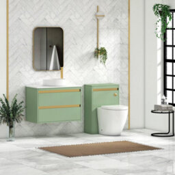 Royal Bathrooms Orion 800mm Mint Sage Wall Hung Plain White Countertop Vanity Unit 2 Drawer With Art Basin & Brushed Brass Accent Trim - thumbnail 3