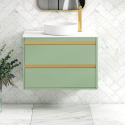 Royal Bathrooms Orion 800mm Mint Sage Wall Hung Plain White Countertop Vanity Unit 2 Drawer With Art Basin & Brushed Brass Accent Trim - thumbnail 2