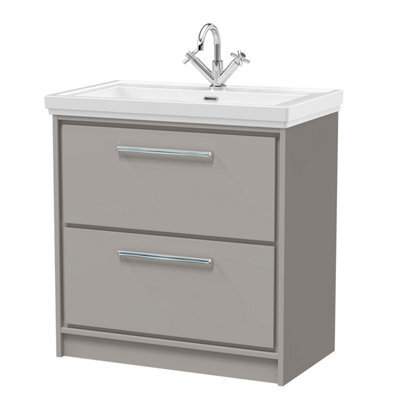 Balterley Longnor Modern Bathroom Floor Standing 2-Drawer Vanity Unit With Fireclay Basin, Pebble Grey, 800mm - image 1