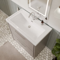 Balterley Longnor Modern Bathroom Floor Standing 2-Drawer Vanity Unit With Fireclay Basin, Pebble Grey, 800mm - thumbnail 3