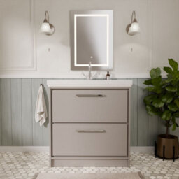 Balterley Longnor Modern Bathroom Floor Standing 2-Drawer Vanity Unit With Fireclay Basin, Pebble Grey, 800mm - thumbnail 2
