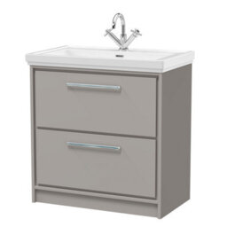 Balterley Longnor Modern Bathroom Floor Standing 2-Drawer Vanity Unit With Fireclay Basin, Pebble Grey, 800mm - thumbnail 1