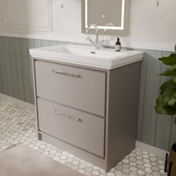 Balterley Longnor Modern Bathroom Floor Standing 2-Drawer Vanity Unit With Fireclay Basin, Pebble Grey, 800mm - thumbnail 4