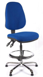 Chrome High Back Draughtsman Chair In Blue Fabric