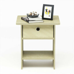 Walplus Furinno Dario End Table/ Night Stand Storage Shelf With Bin Drawer Side Table, Cream Faux Marble/ivory