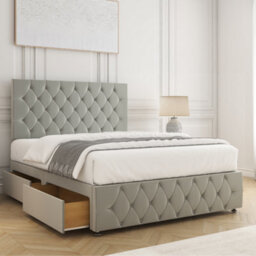 Bsspoke Mulberry Divan Bed Set Silver Plush Velvet 24Inch Headboard & Footboard 2 Drawers Same Side & Mattress In All Sizes