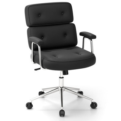 Costway Office Chair Pu Leather Upholstered Desk Chair Button Tufted Back-Black - image 1