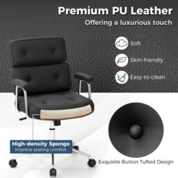 Costway Office Chair Pu Leather Upholstered Desk Chair Button Tufted Back-Black - thumbnail 7