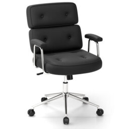 Costway Office Chair Pu Leather Upholstered Desk Chair Button Tufted Back-Black - thumbnail 1