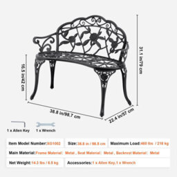 "Vevor Outdoor Bench 38.8"" Metal Garden Bench 480Lbs Cap W/backrest Armrests Patio Bench For Park" - thumbnail 7