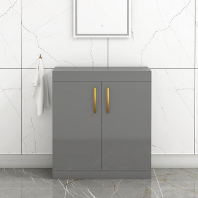 Royal Bathrooms Turin 800mm Indigo Grey Gloss Floor Standing Worktop Vanity Unit - 2 Doors With Brushed Brass Handle - image 1