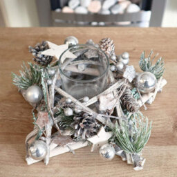 Shatchi Star Shape Wooden Candle Holder Tabletop Centrepiece Christmas Decorated With Frosty Red/silver Baubles, Berries And Cones - thumbnail 7