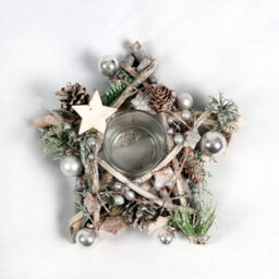 Shatchi Star Shape Wooden Candle Holder Tabletop Centrepiece Christmas Decorated With Frosty Red/silver Baubles, Berries And Cones - thumbnail 2
