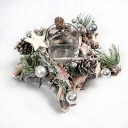 Shatchi Star Shape Wooden Candle Holder Tabletop Centrepiece Christmas Decorated With Frosty Red/silver Baubles, Berries And Cones - thumbnail 4