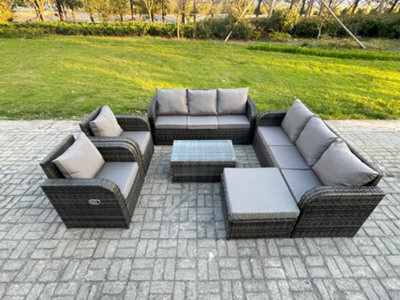 Fimous Rattan Outdoor Garden Furniture Sofa Set Patio Table & Chairs Set With 3 Seater Sofa Reclining Chair Big Footstool - image 1