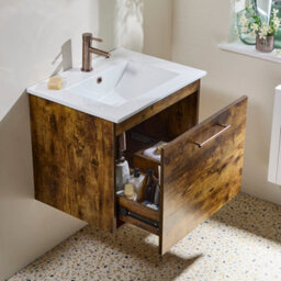 Homestylestore 600mm Dark Oak Wall Hung Bathroom Vanity Unit And Copper T Bar Handle - thumbnail 3