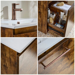 Homestylestore 600mm Dark Oak Wall Hung Bathroom Vanity Unit And Copper T Bar Handle - thumbnail 4