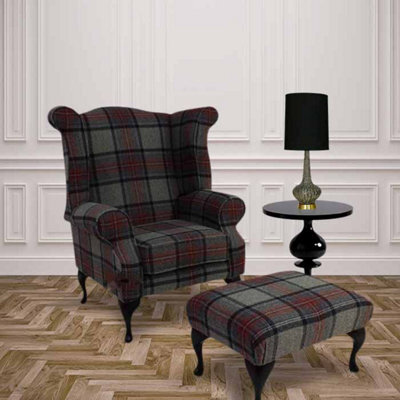 Chesterfield Fireside High Back Armchair + Footstool Wool Tweed Beningborough Graphite Check In Queen Anne Style - image 1