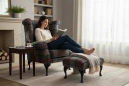 Chesterfield Fireside High Back Armchair + Footstool Wool Tweed Beningborough Graphite Check In Queen Anne Style - thumbnail 3